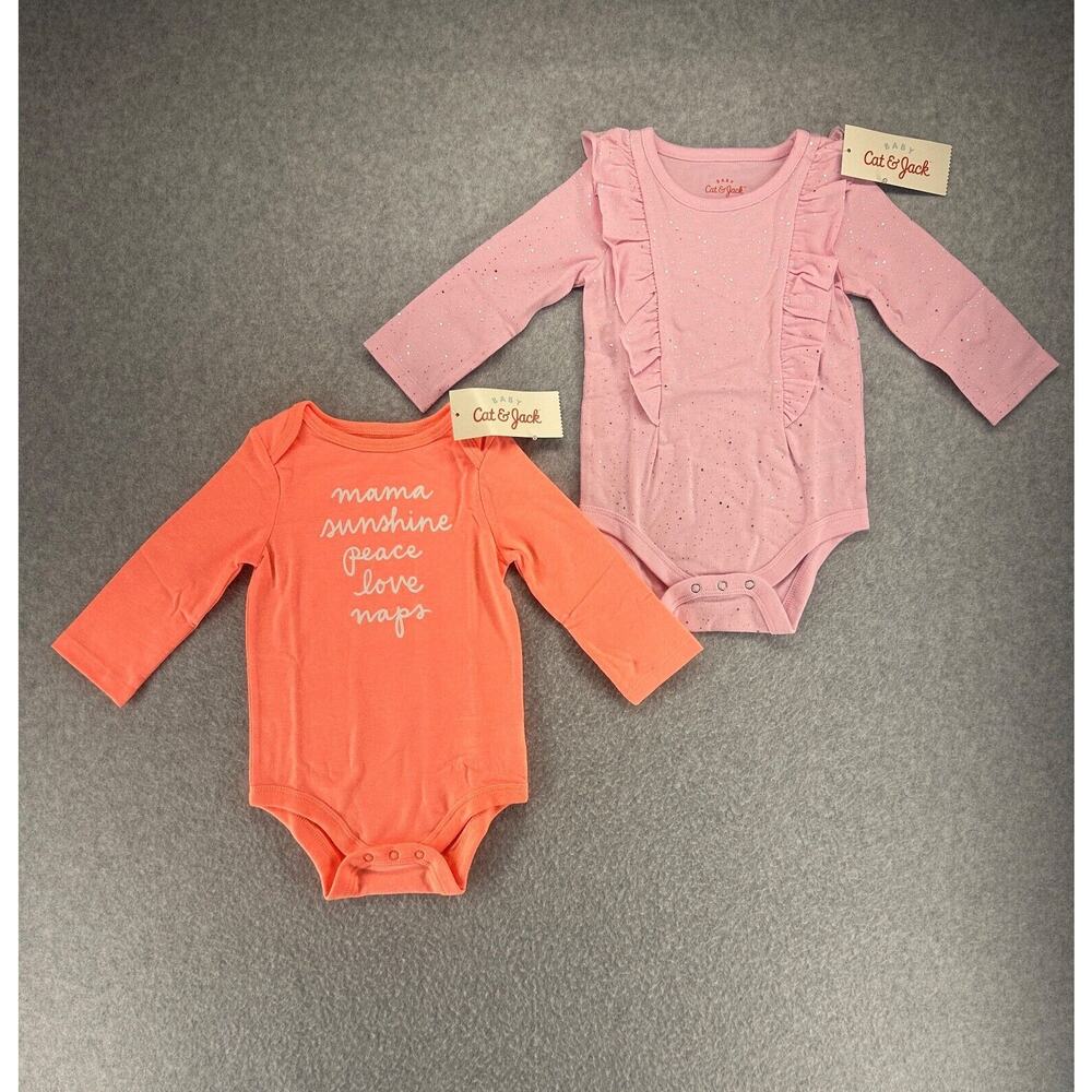 Cat & Jack Baby Girls Bodysuit Set of 2 Pink Sparkles Orange Print Size 6-9M NWT